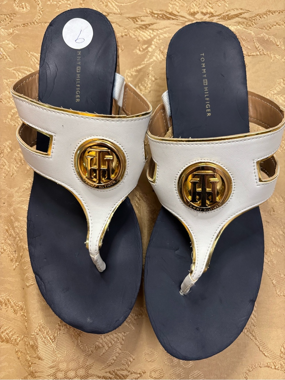 Tommy Hilfiger White and Navy Gold-Emblem Thong Sandals